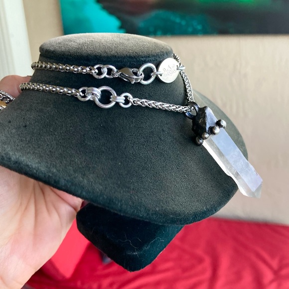 Natural raw clear crystal quartz gemstone boho goth stone charm steel necklace - Picture 14 of 16